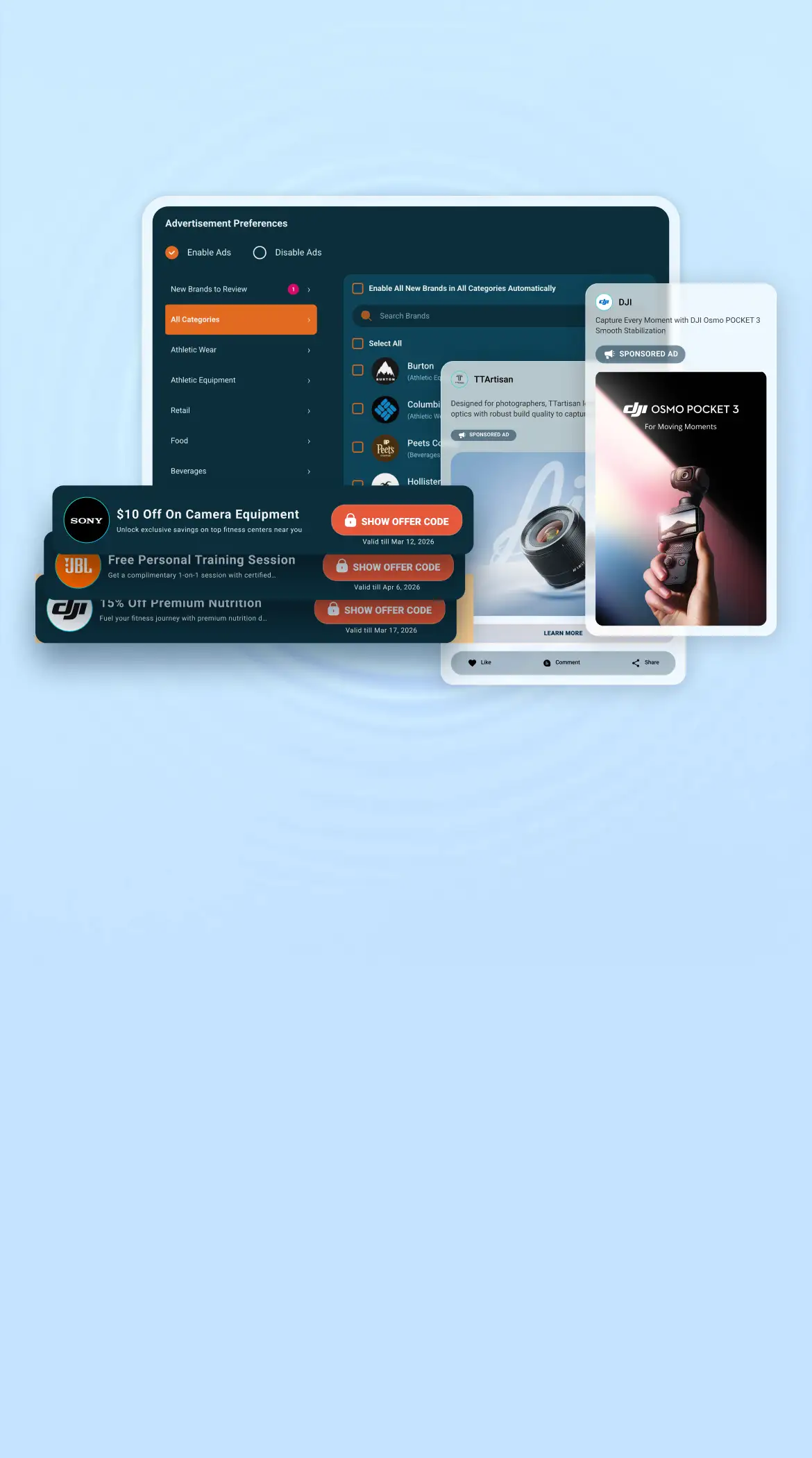 Run your own advertising network to earn money from brands and provide special VIP offers to your fans.
